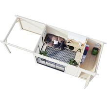 Draufsicht eines modernen Gartenhauses mit Wohnbereich und Arbeitszimmer