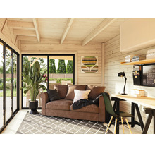 Salon lumineux avec canapé, bureau et plante d'intérieur dans une maison en bois