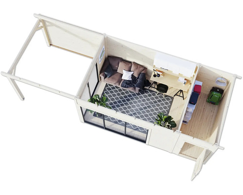 Vue intérieure d'une cabane de jardin en bois avec salon, bureau et espace de stockage