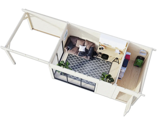 Vue de dessus d'une maison de jardin en bois avec coin salon et espace de travail