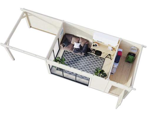 Illustration d'un abri de jardin avec un espace de vie, un espace de travail et un espace de stockage