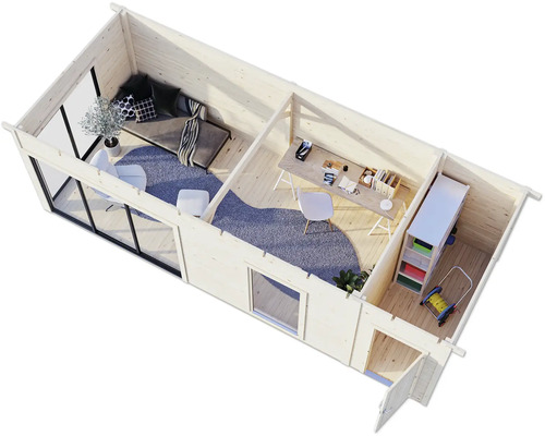 Vue de dessus d'un pavillon de jardin avec espace de vie, de travail et de rangement.