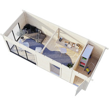 Vue de dessus d'un chalet de jardin en bois avec espace de vie, espace de travail et rangement