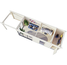 Vue de dessus d'une maison de jardin avec un espace de vie, un espace de travail et un débarras.