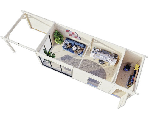 Draufsicht eines Gartenhauses mit Wohnbereich, Arbeitszimmer und Abstellraum