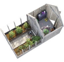 Serre avec plantes, outils de jardinage et vélos