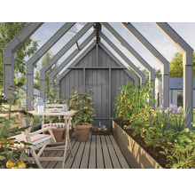 Serre avec table à manger et plants de tomates