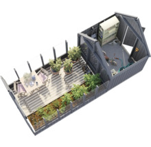 Vue de dessus d'une cabane de jardin avec terrasse, jardin et remise à outils