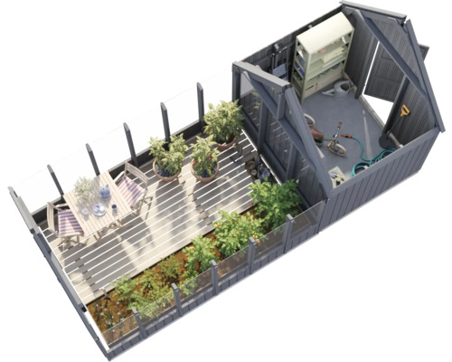 Vue de dessus d'une cabane de jardin avec terrasse, jardin et remise à outils