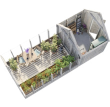 Ansicht von oben eines Gewächshauses mit Tisch, Stühlen, Pflanzen und Gartengeräten