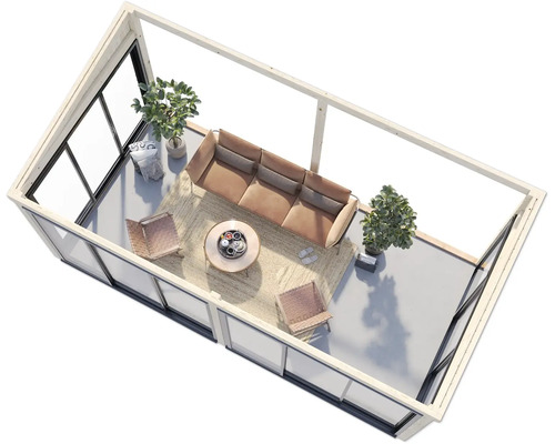 Modernes Wohnzimmer mit Sofa, Sesseln und Pflanzen in einem Gartenhaus