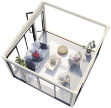 Pavillon de jardin lumineux avec meubles et plantes vu d'en haut.