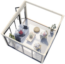 Vue intérieure d'une maison de jardin moderne avec meubles et plantes