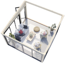 Modernes Gartenhaus mit Sofa, Stühlen und Tisch