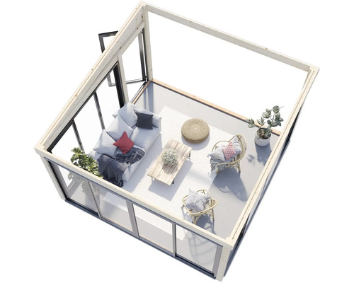 Modernes Gartenhaus mit Sofa, Stühlen und Tisch