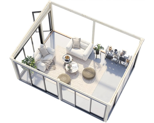 Wohnzimmer aus Holz mit Sofas, Teppich und Regalen