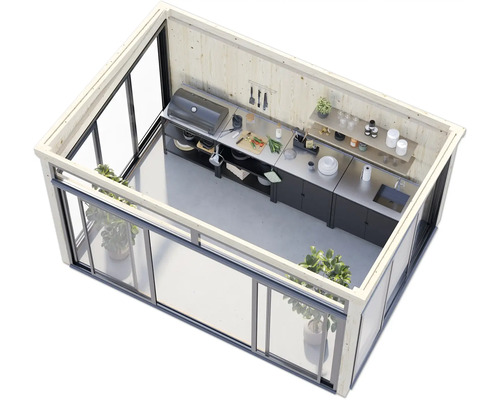 Cuisine extérieure avec barbecue, évier, plan de travail et portes coulissantes