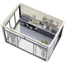 Vue de dessus d'une cuisine extérieure moderne avec barbecue, plans de travail, évier et portes coulissantes