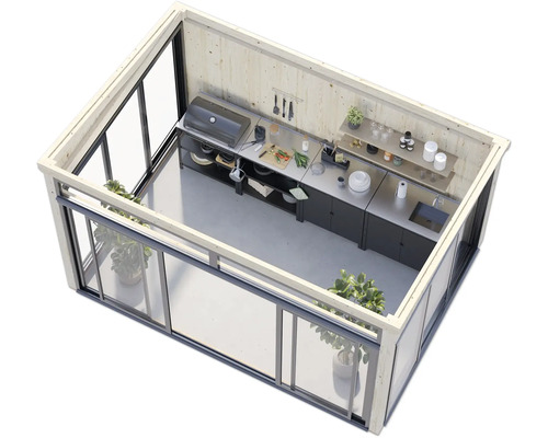 Cuisine extérieure avec grill, évier, plan de travail et portes coulissantes