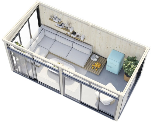 Innenansicht eines modernen Gartenhauses mit Sofa, Regalen und Kühlbox