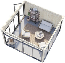 Vue intérieure d'une cabane de jardin avec meubles, étagères et tapis