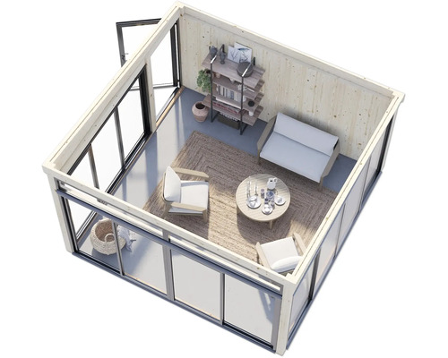 Innenansicht eines modernen Gartenhauses mit Möbeln und großen Fensterflächen