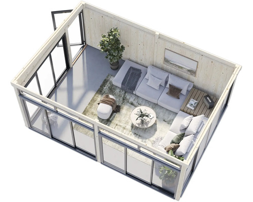 Maison de jardin en bois avec coin salon, canapés, table, tapis et plantes d'intérieur