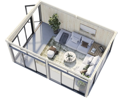 Tonnelle de jardin moderne avec coin salon, sièges et grandes baies vitrées.