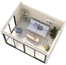 Vue intérieure d'une maison de jardin avec canapé, fauteuil, table et étagère