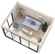 Vue intérieure d'une maison de jardin avec canapé, table, étagères et décoration