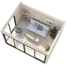 Vue intérieure d'une maison de jardin lumineuse avec meubles, étagères et grandes fenêtres