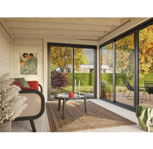 Intérieur lumineux d'une maison en bois avec canapé, tapis et porte coulissante donnant sur le jardin