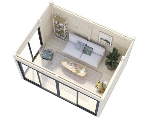 Intérieur de cabane de jardin en bois avec canapé, table et étagères