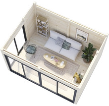 Vue intérieure d'une maison de jardin en bois avec canapé, table et étagères