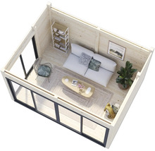 Intérieur d'une cabane de jardin avec canapé, table, chaise et étagères