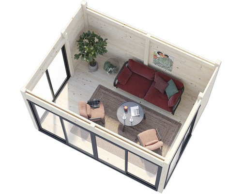 Vue intérieure d'une cabane de jardin avec meubles et plantes