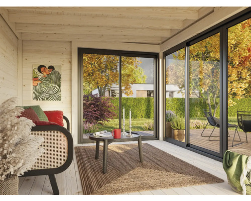 Intérieur lumineux d'une cabane de jardin avec canapé, tapis et vue sur le jardin à travers une porte coulissante en verre.
