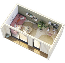 Ansicht eines Gartenhauses mit Wohnbereich und Arbeitsplatz inklusive Möbel