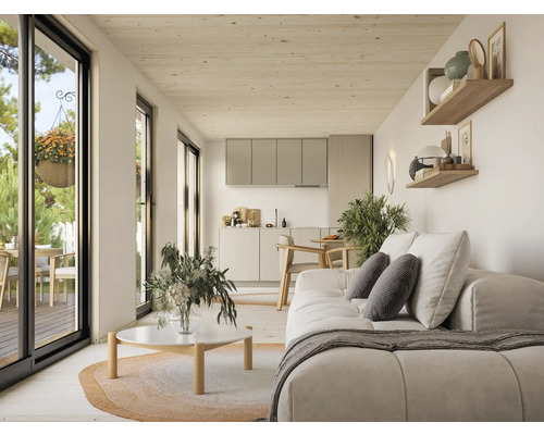 Heller Wohnraum mit Sofa, Regalen, Küchentheke und Terrassentür