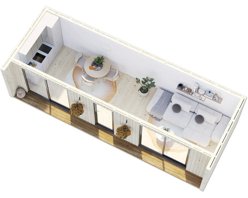 Dachansicht eines modernen Tiny Houses mit Küche, Essbereich und Wohnzimmer