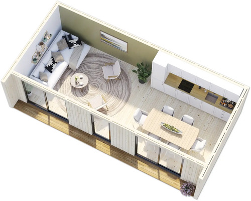 Innenansicht eines modernen Holzhauses mit Wohnbereich, Küche und Essbereich