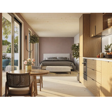 Helles Apartment mit Wohnbereich, Essbereich, Schlafbereich und Küchenbereich