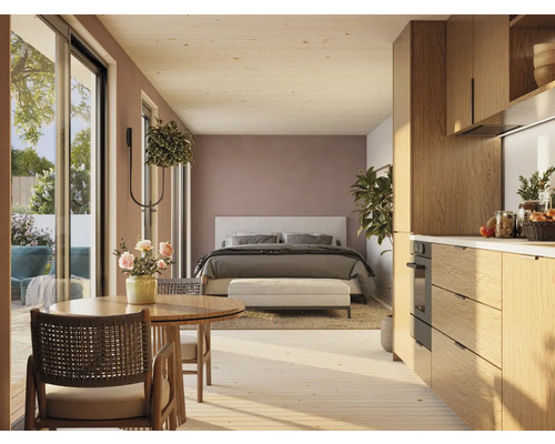 Helles Apartment mit Wohnbereich, Essbereich, Schlafbereich und Küchenbereich