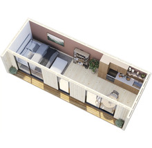 Draufsicht eines modularen Hauses mit Schlafzimmer, Küche und Terrasse