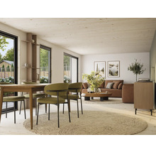 Heller Wohnraum mit Esstisch, Stühlen, Sofa und Dekorationen in hellem Holz