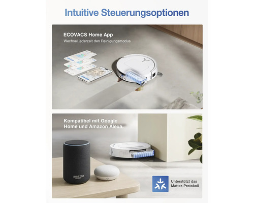 Szene mit einem Staubsaugerroboter, einem Smartphone mit einer App und Smart Home Geräten.