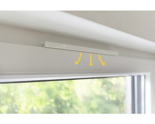 Fenêtre avec système de ventilation et flèches jaunes indiquant le flux d'air