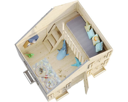 Cabane de jeu avec jouets et décorations vue de dessus