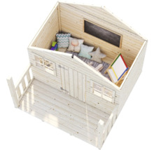 Maison de jeux en bois avec véranda, tableau noir et coussins