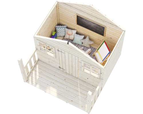 Maison de jeux en bois avec véranda, tableau noir et coussins